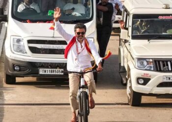 TVK party chief Vijay cycling