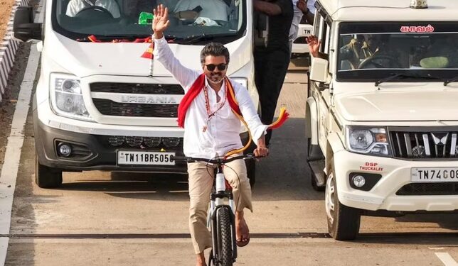 TVK party chief Vijay cycling